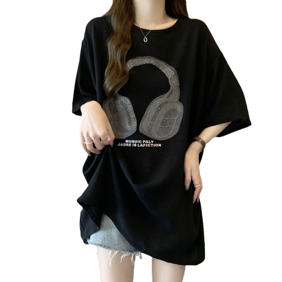 Camiseta de manga corta de seda de hielo arrugada de gran tamaño para mujer verano 2024 nuevo estilo holgado que cubre la carne que es delgada y gorda mm para mujer image 6