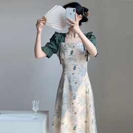 2024夏季森系新款复古国风中式连衣裙两件碎花撞色拼接气质裙子