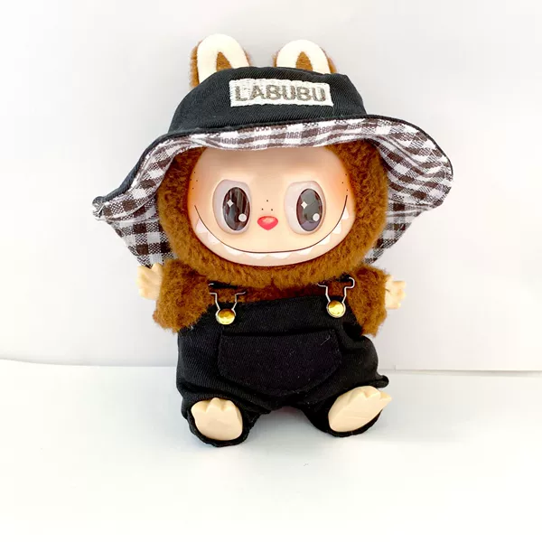 Black overall with letters, hat