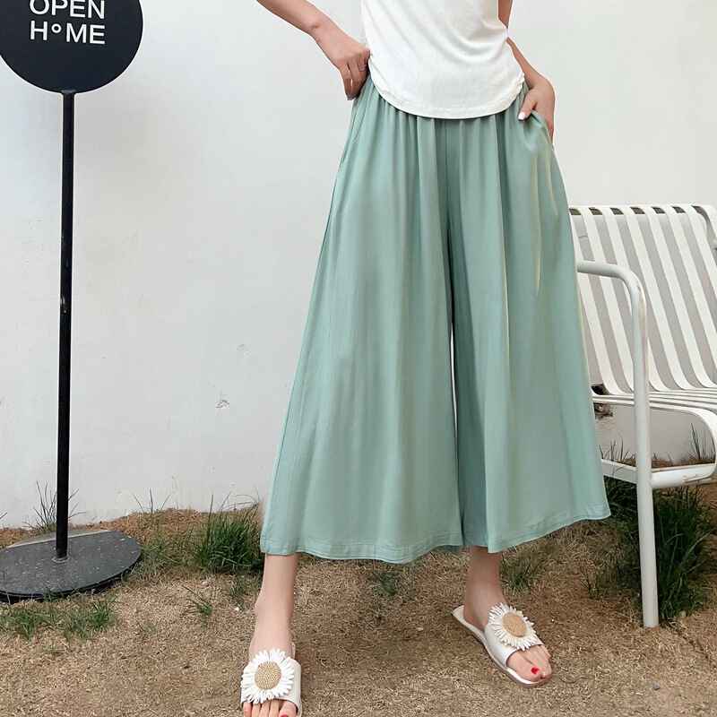 Wholesale summer women's thin silk large size eight loose straight casual high waist sports wide leg pants skirt pants women