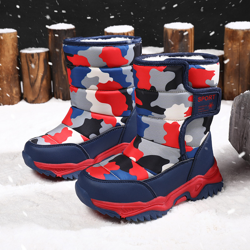 Suministro transfronterizo de botas de nieve para niños en invierno zapatos de algodón cálido con forro polar camuflaje botas de algodón para niños en stock