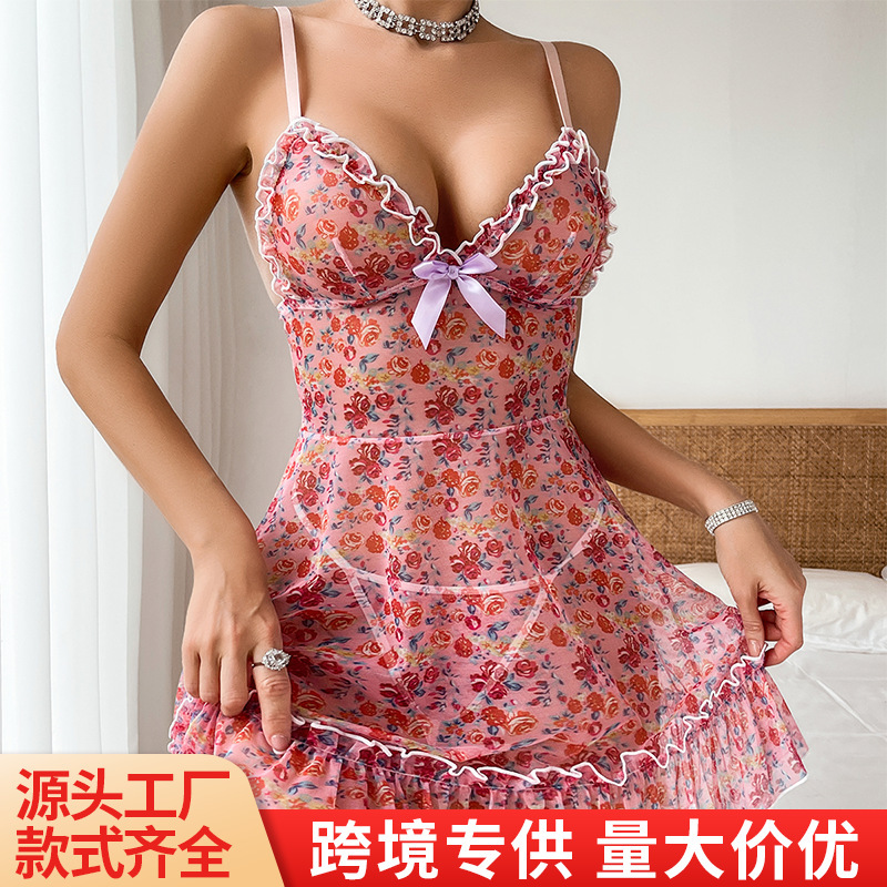 New European and American Women's Sexy Printed See-Through Suspender Nightgown Translucent Ruffled Sexy Pajamas Sexy Suit New European and American Women's Sexy Printed See-Through Suspender Nightgown Translucent Ruffled Sexy Pajamas Sexy Suit