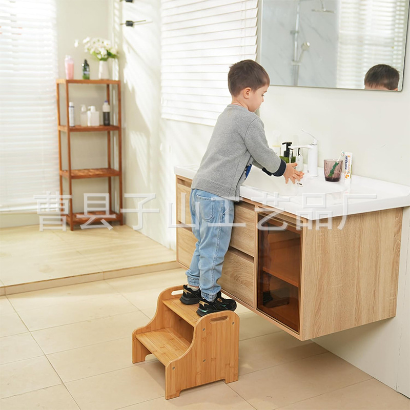 Taburete de madera maciza de dos capas, taburete de pies para niños, taburete de escalada doméstico, taburete de cocina, taburete de cambio de zapatos, taburete de bambú y madera image 3