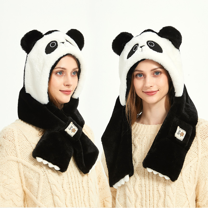 熊猫帽子围巾毛绒同款可爱雷锋帽保暖秋冬加厚一体护耳帽连帽批发
