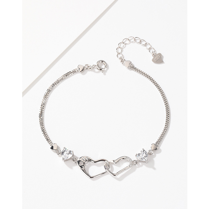 S925 plata esterlina diamante-incrustado doble amor pulsera mujer luz lujo nicho exquisito de alto grado temperamento todo partido pulsera para novia