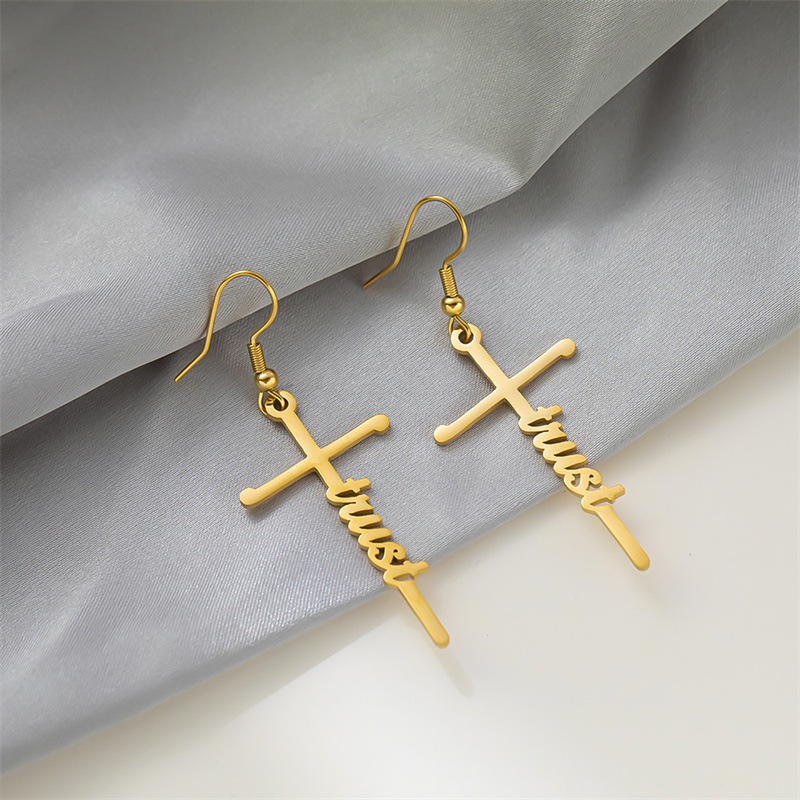 Cross, Letter Pattern Women'S Gender 1 Pair Retro Simple Style Cross Letter Titanium Steel Drop Earrings