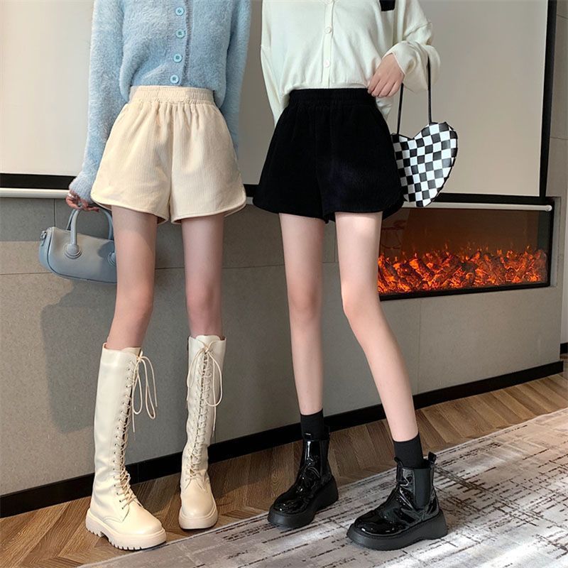 灯芯绒短裤女学生秋冬新款韩版宽松高腰显瘦靴裤百搭外穿阔腿易恒