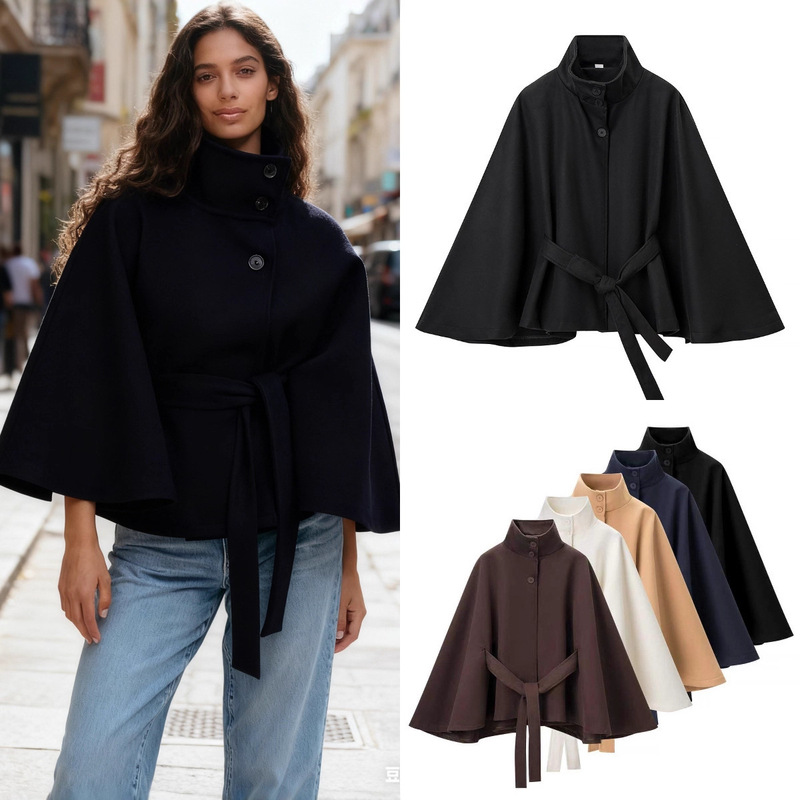 Za Export Cross-Border Spot Wholesale European and American Style Women's Autum Fashion Three-Button Stand-Up Collar Woolen Cape Style Jacket