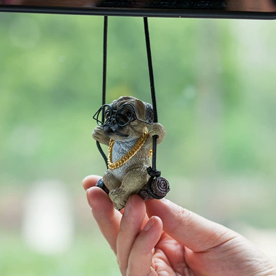 dog car pendant decoration load — Car hanging - pug-black-frame-glasses-gold-chain