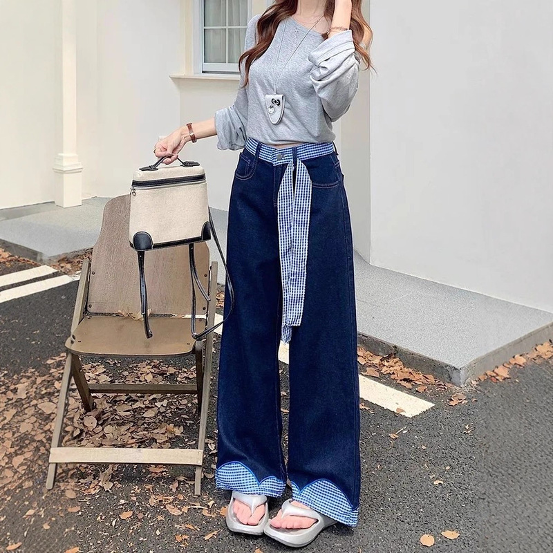 Straight-Leg Pants with Butterfly Tie and Plaid Patchwork, Women's Straight-Leg Jeans, High-Waisted Slimming Wide-Leg Straight Pants for Women