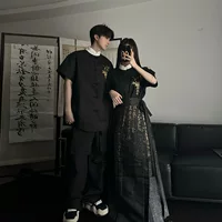 Улучшенный комплект юбки Mamian в новом китайском стиле Hanfu, летний наряд для пары с пуговицами и рубашкой в стиле ретро с вышивкой из листьев бамбука.