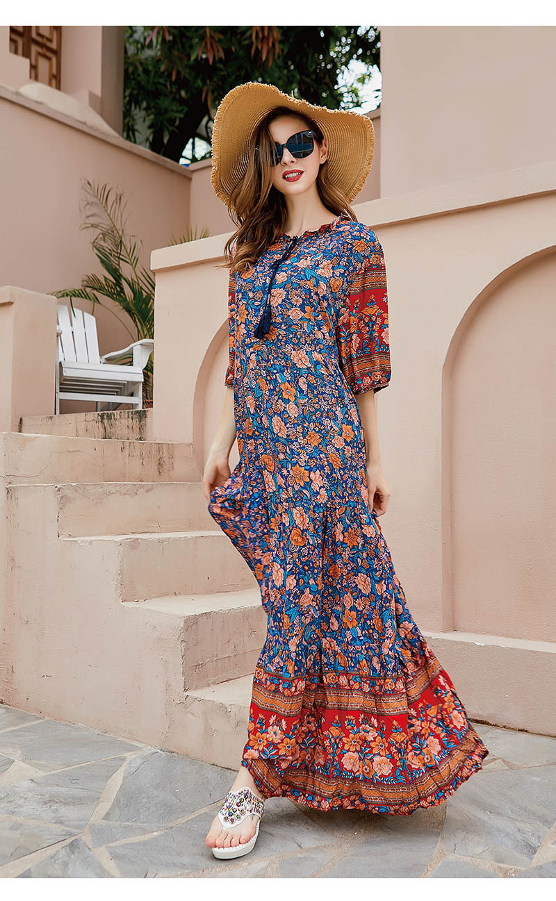 Langes Blumenkleid Für Damen Orientalischer Stil Baumwollseide_voghion.com