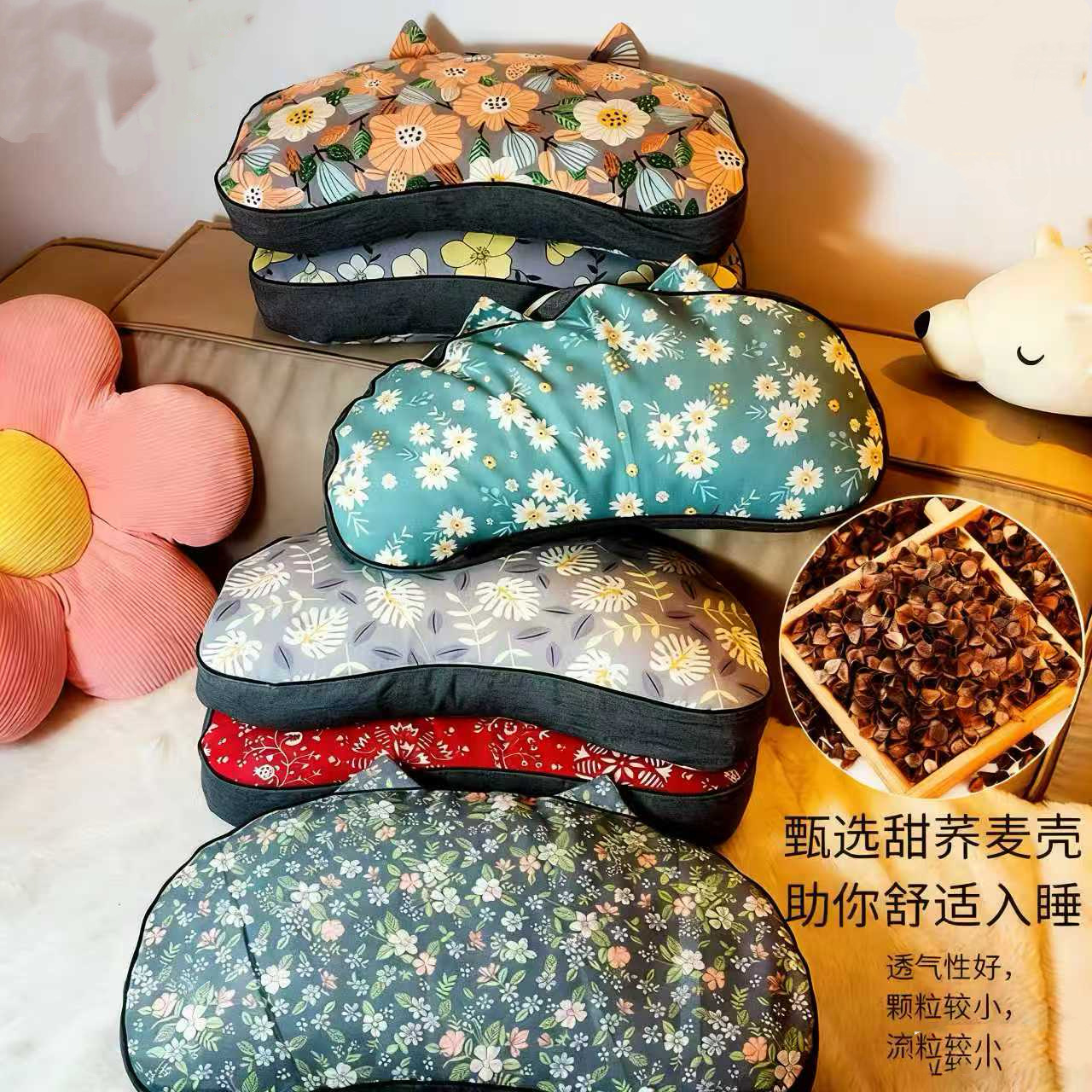 꽃 고양이 배 베개 고양이 귀 메밀 베개 꽃 베개 코어 커버 오래 된 거친 면 작은 꽃 베개 케이스