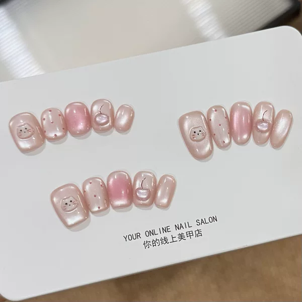 【Sweet Peach Cat】Popular Nude Pink Glass Bead Cat Eye 3D Cat Cherry Handmade Press-On Nails