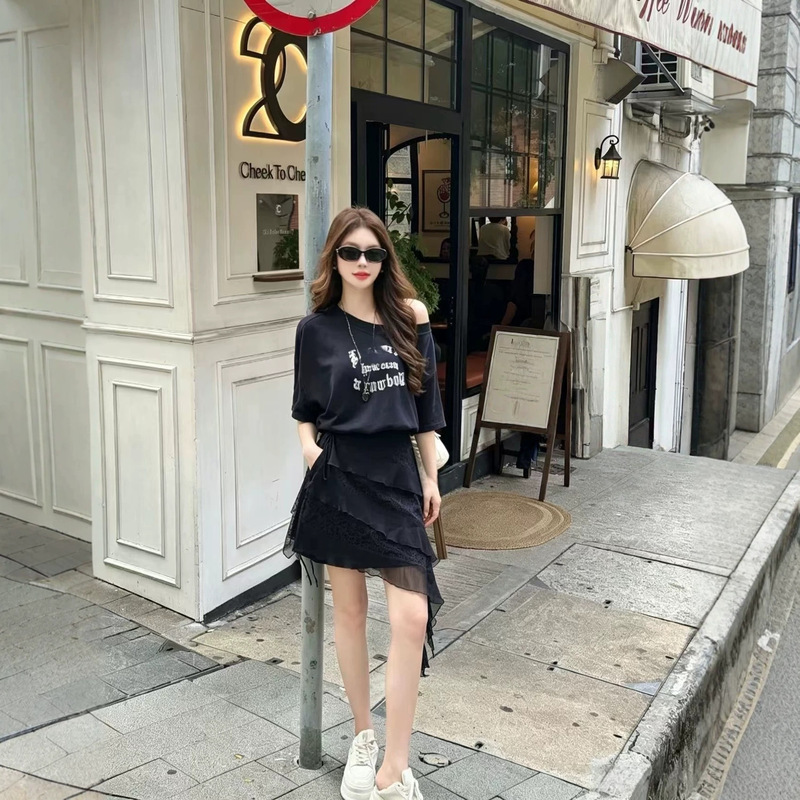Wu1111 Casual Style Hanfu One-Shoulder Dress + Fashionable Two-Piece Set with a Back Skirt T0509