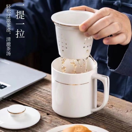 景德镇陶瓷茶杯带盖子手绘金边骨瓷水杯套装办公会议杯子印刷LOGO