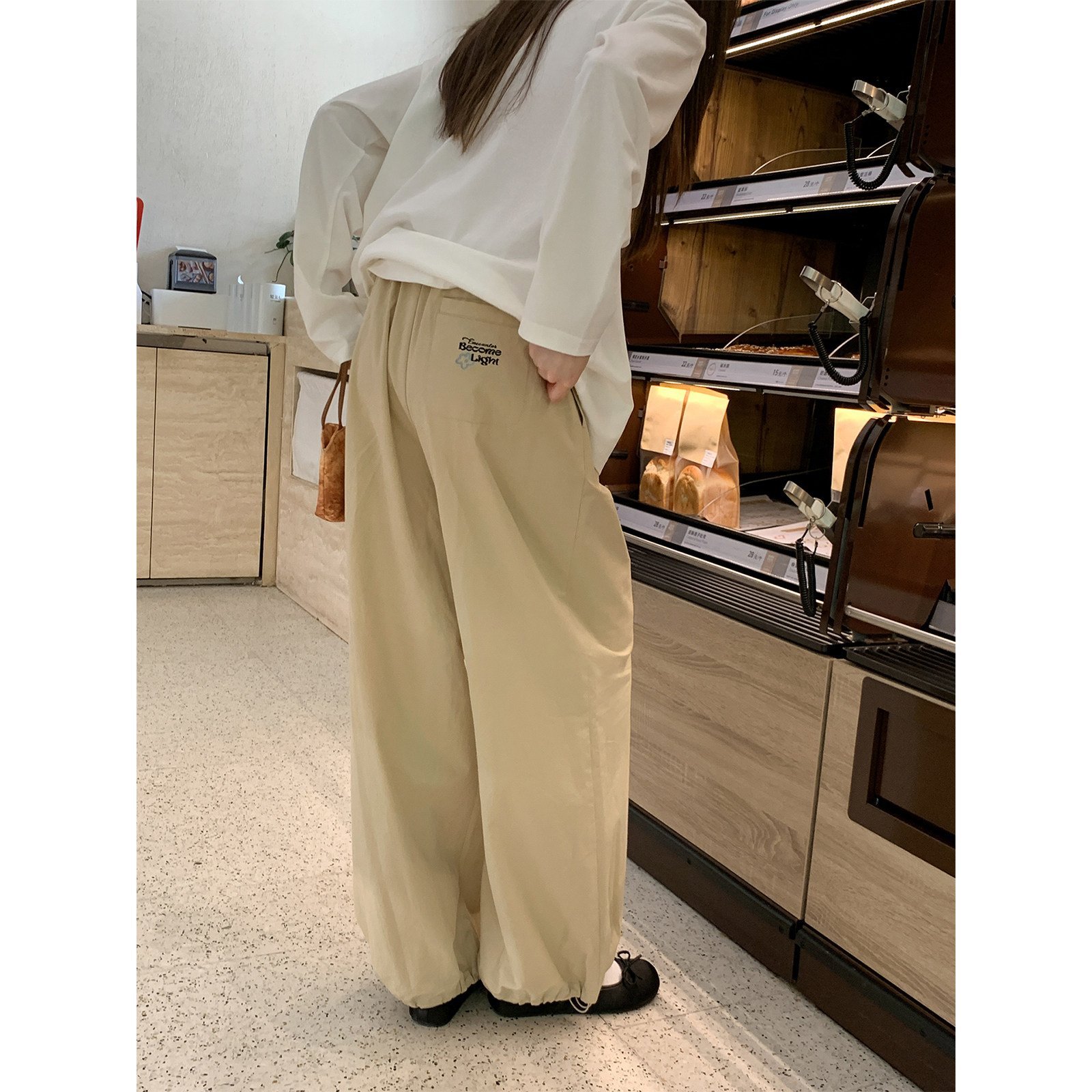 韩系松紧腰兔子刺绣休闲裤女春季新款高腰显瘦直筒长裤