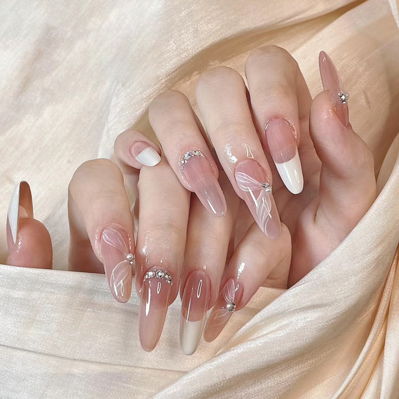 Temperament literary nude French ribbon nail wear high-grade fake nails Yiwu nail factory finished products wholesale