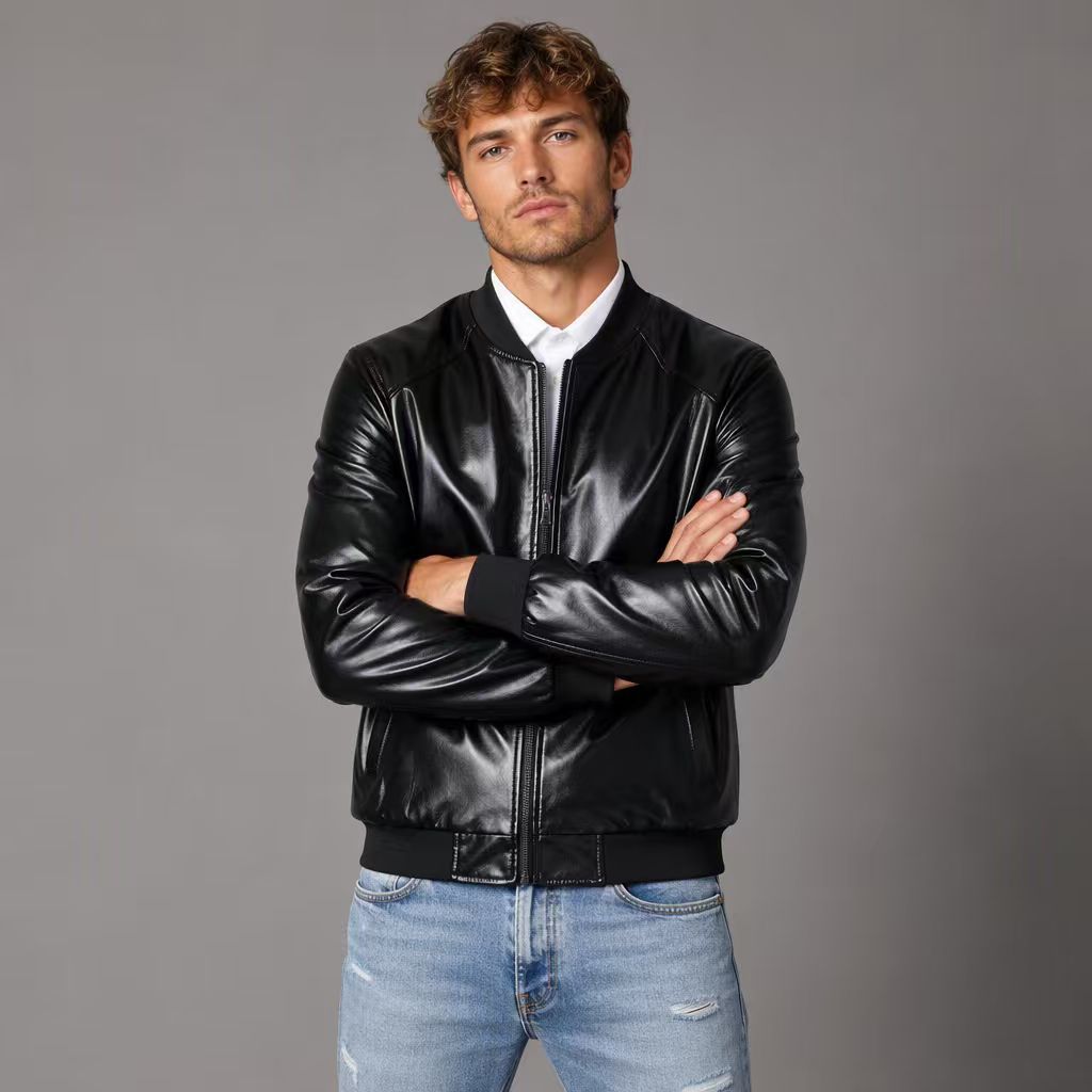 2026 Source Factory Cross-Border Customized Baseball Style Leather Jacket, Casual Versatile Leather Coat, Motorcycle Leather Jacket, Slim Fit Jacket