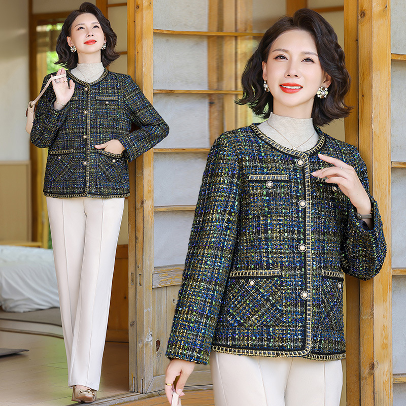 Spring and Autumn New Style Elegant Short Coat for Middle-Aged Moms, Tweed Chic Socialite Fashion Versatile Top