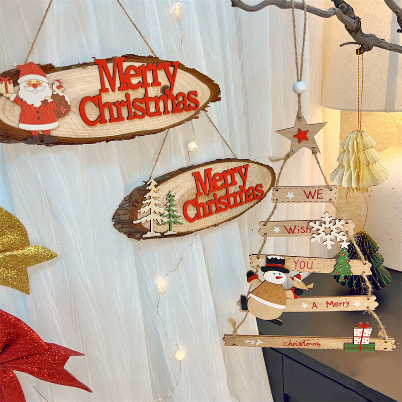 Decoraciones de Navidad anciano muñeco de nieve escalera de madera árbol de Navidad colgar decoraciones de letras inglesas puertas colgantes diseño de ventanas