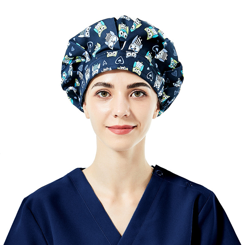 Sombrero de enfermera mujer chef cocinando cocina a prueba de aceite a prueba de humo pérdida de cabello sombrero esponjoso sombrero impreso puntera sombrero de trabajo ajuste elástico