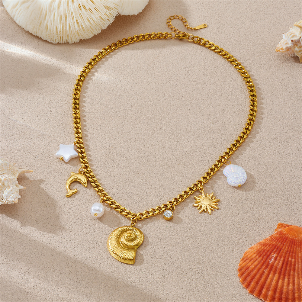 Simple Conch Sun Pearl Dolphin Gold-Plated charm thick Chain Stainless Steel Jewelry Necklace