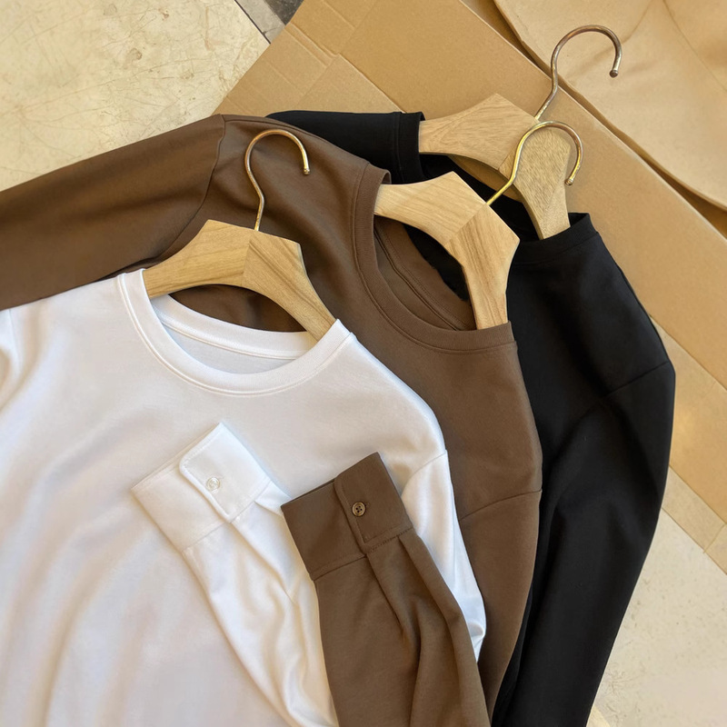 Cost-effective no polyester!! Real wear slim, R single high quality loose crew neck solid color arc long sleeve T-shirt women
