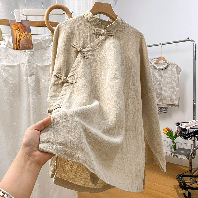 Artistic Retro New Chinese Style Cotton and Linen Long-Sleeved Shirt Tops Spring and Autumn New Style Stand-Up Collar Button Design Women's Loose
