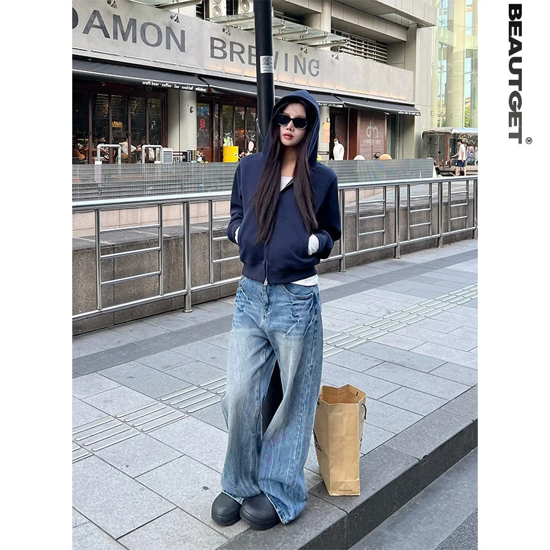 山东即墨嫚彩迪品牌美式街头短款双头拉链开衫连帽卫衣女潮流帽衫|undefined