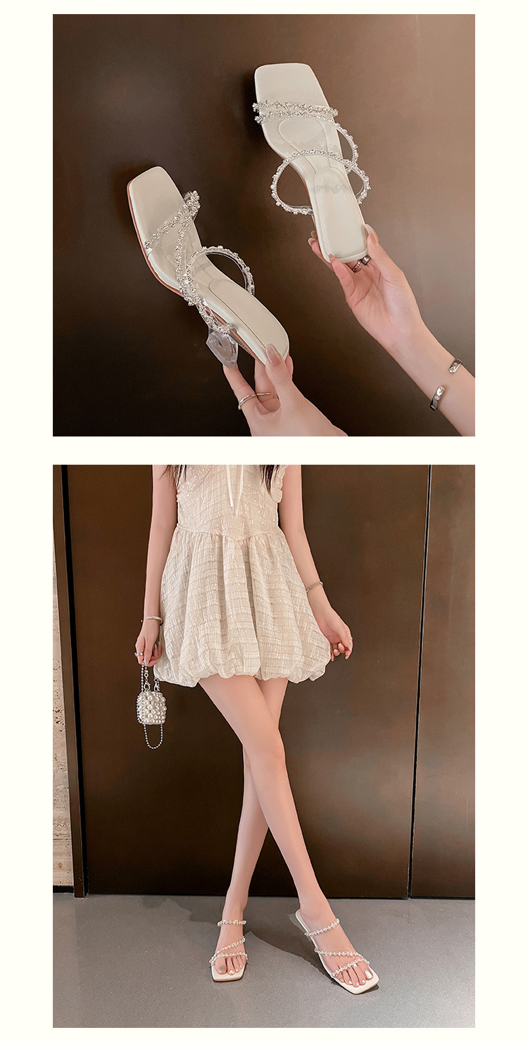 Sandal nữ quai mảnh đính đá mũi vuông hở mũi gót cao trong suốt đế xuồng — trắng chi tiết 8