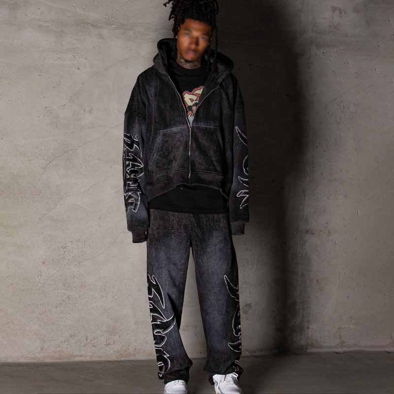 Moška oblačila Ulični trend Distressed Flame potiskan pulover s kapuco Retro pulover s kapuco Hlačne obleke Moška_voghion.com
