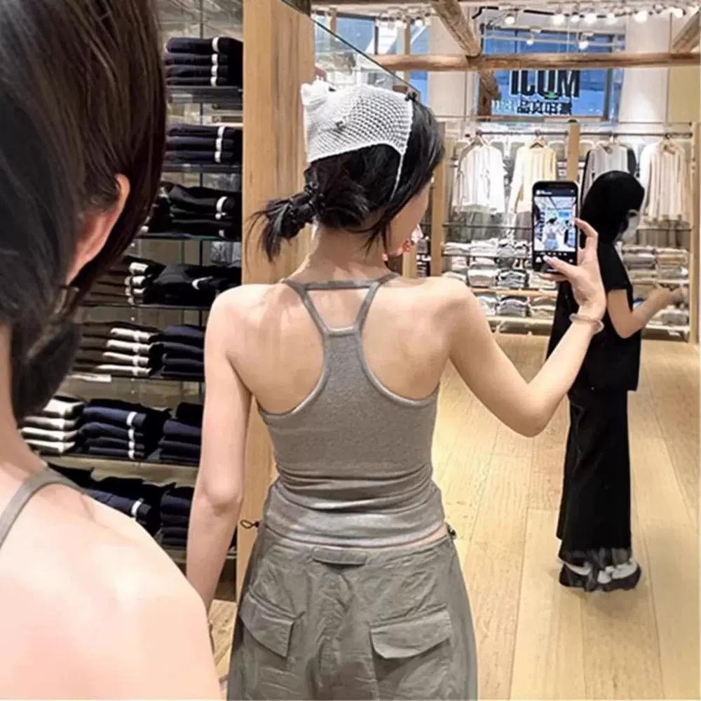 辣妹纯欲风吊带背心带胸垫工字背纯色背心运动健身百搭女士背心