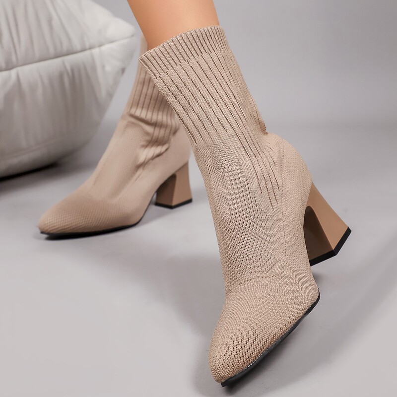 2026 Autumn/Winter New Style Knitted Thick Heel Ankle Boots Pointed Toe Stretch Sock Boots Fashion High Heel Fashion Boots Wholesale