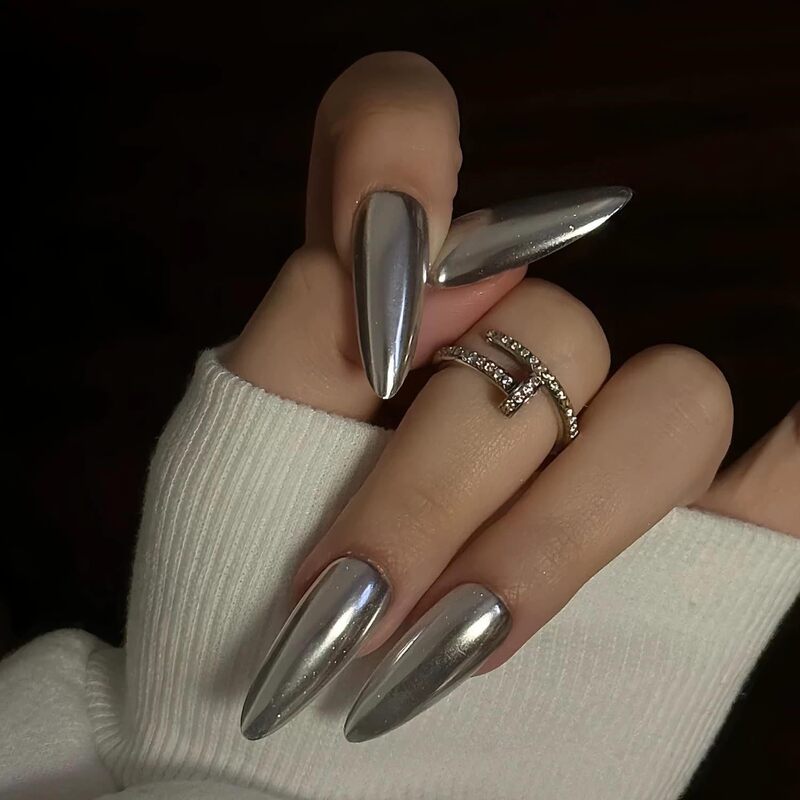 Press on Nails - Long Stiletto Glue, Silver Chrome, Acrylic Metal Design 24Pcs Press on Nails - Long Stiletto Glue, Silver Chrome, Acrylic Metal Design 24Pcs
