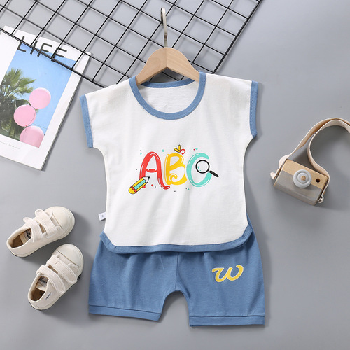 Children's short-sleeved suit Korean version 2024 new summer girls pure cotton T-shirt boys shorts baby children's clothing wholesale