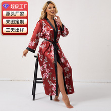 薄款透气系带睡衣粉红花卉印花图案时尚睡袍休闲舒适女士家居服