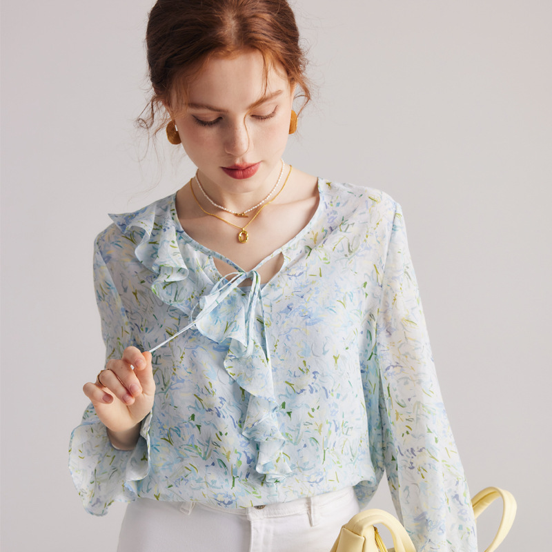 단면 flounce 인쇄-파란색 꽃 무늬 인쇄