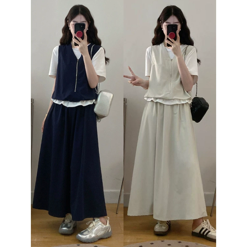 Женская новая повседневная футболка из двух частей больших размеров, топ + юбка, комплект из двух предметов