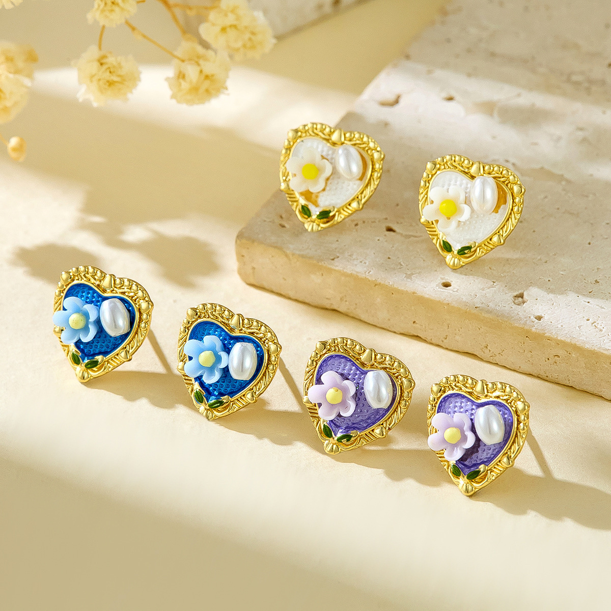 Pintura al óleo retro literaria, estilo melocotón, flor de corazón, pendientes de perlas, lujo ligero femenino, elegante, tendencia de moda exquisita, pendientes de todo fósforo
