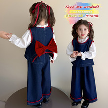 女小童蝴蝶结牛仔套装春秋款女宝宝洋气时髦春秋装小女孩休闲三件