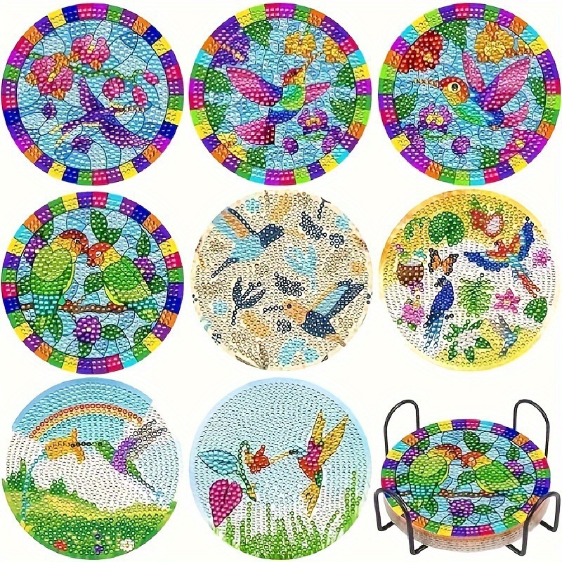 Ventas transfronterizas calientes de 8 piezas de conjunto de cojín de taza de arte de diamante, con soporte, pequeño conjunto de pintura de diamante, adecuado para adultos
