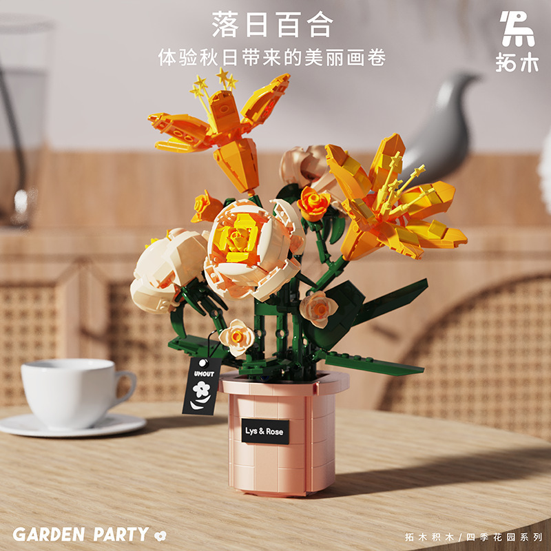 T6003-05 orquídea de bloques de construcción rosa en maceta ornamentos de carne ensamblaje juguetes para niños regalos para niñas