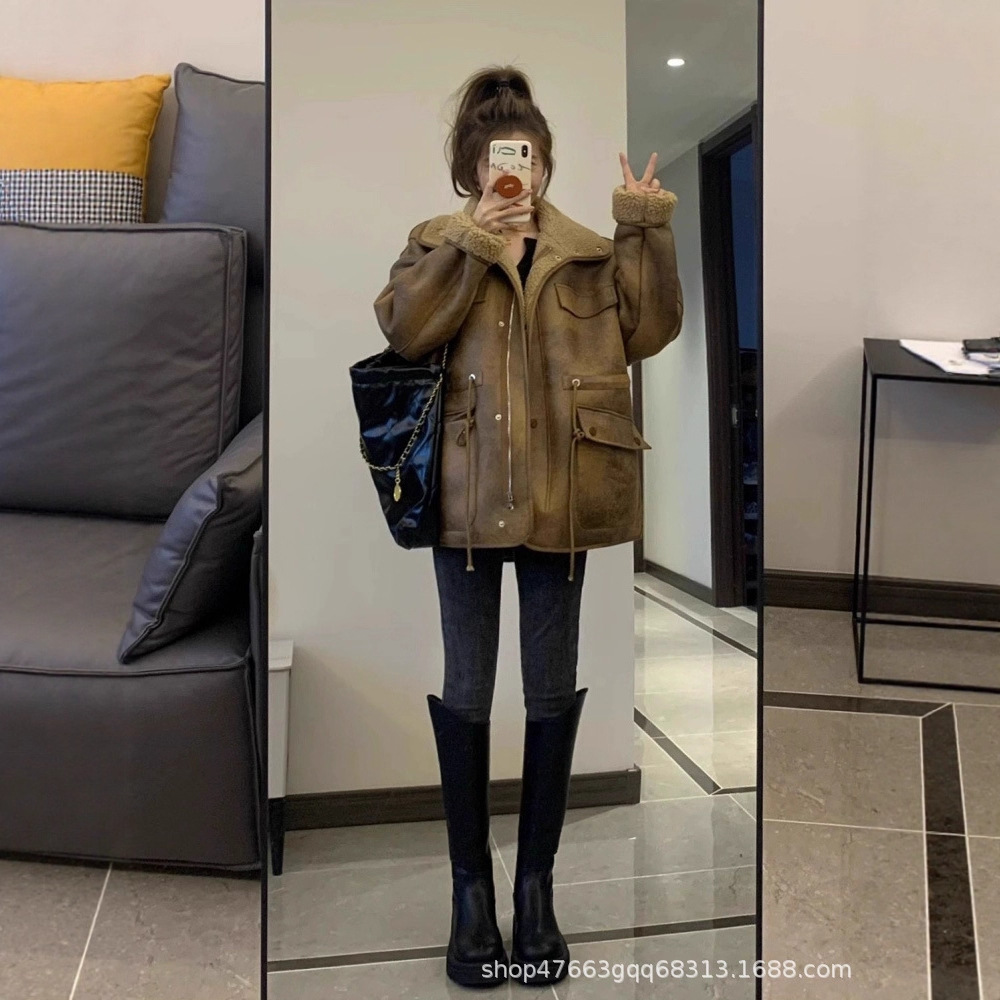 Lamb Wool Suede Reversible Jacket for Women 2025 Autumn and Winter New American Style High-End Thickeneded Jacket Motorcycle Jacket