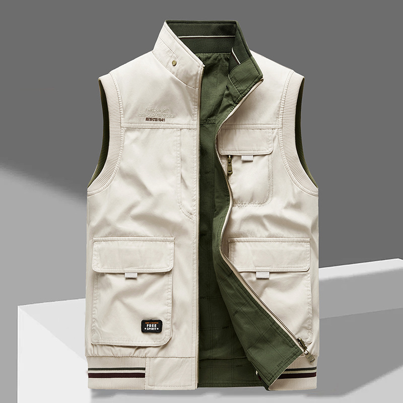 Cross-border wholesale double-sided waistcoat men's cotton multi-pocket spring and autumn waistcoat outdoor photography men's plus size
