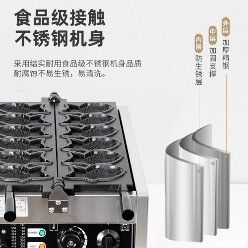 Set up a red sky commercial squid skewer waffle machine stall, opening and closing mouth squid skewer machine, five or six fish, gas electric heating.
