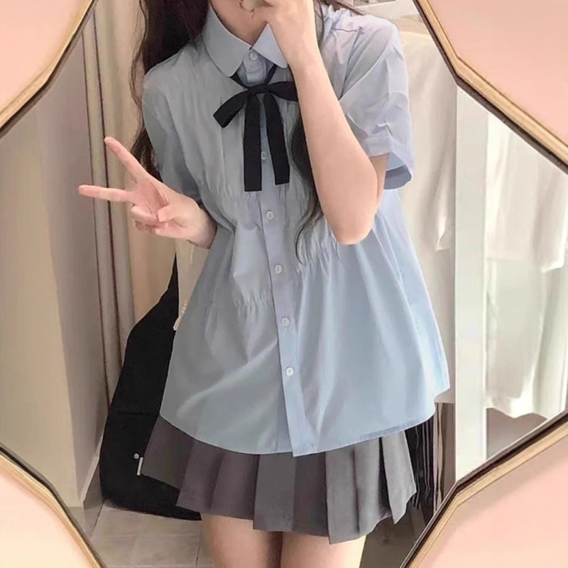 Blue Shirt Women's Preppy Style Top Summer Short-Sleeved Shirt Korean Sweet and Cute Baby Doll Shirt Jk Uniform Suit Blue Shirt Women's Preppy Style Top Summer Short-Sleeved Shirt Korean Sweet and Cute Baby Doll Shirt Jk Uniform Suit