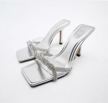 za2023春季新款银色亮光镶饰气质优雅塑胶高跟穆勒鞋露趾凉鞋