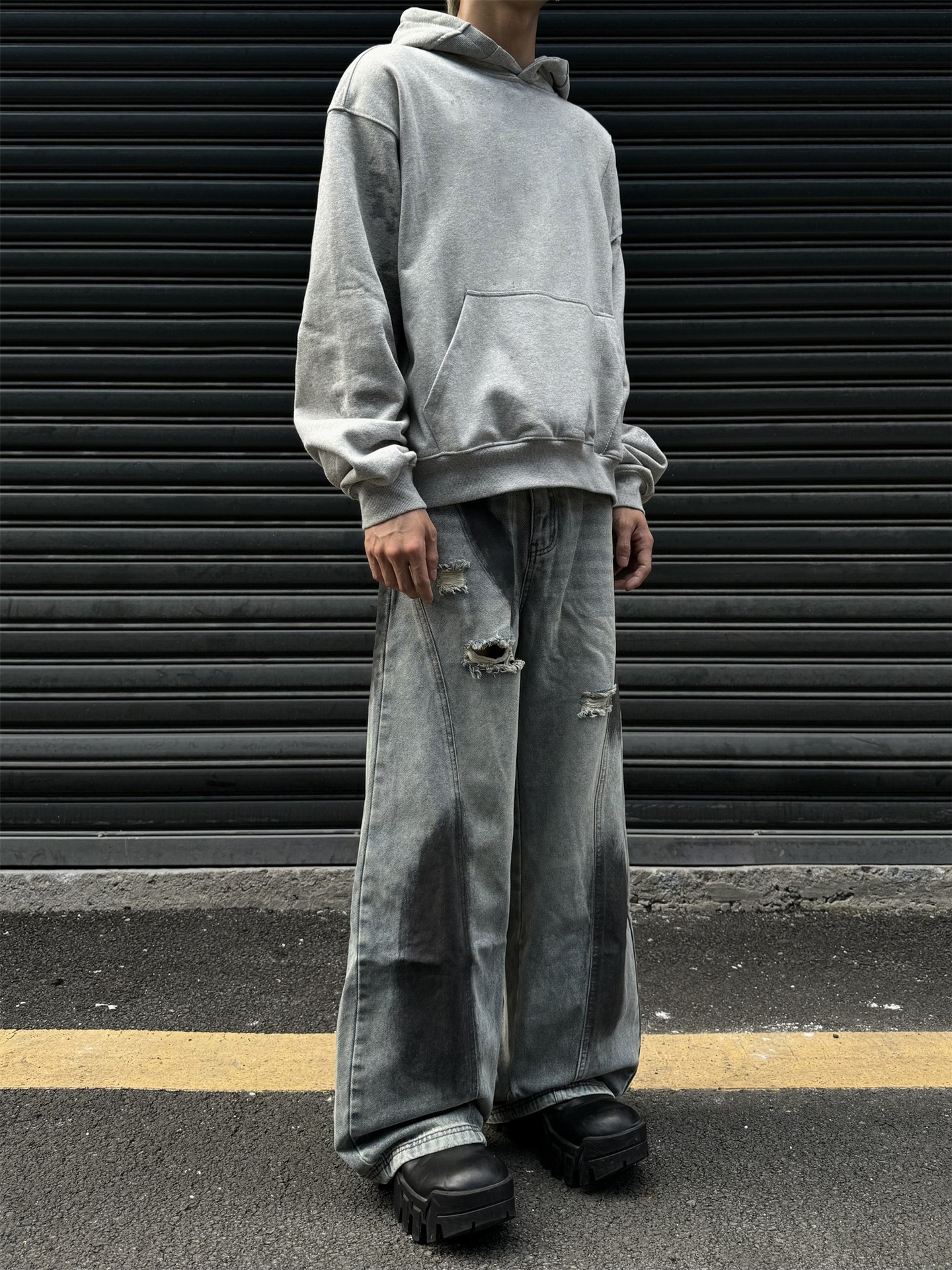 High Street Summer Retro Autumn Vibe Ink Splash Hole Jeans Loose Deconstructed Straight Wide Leg Long Pants_viptrois.com