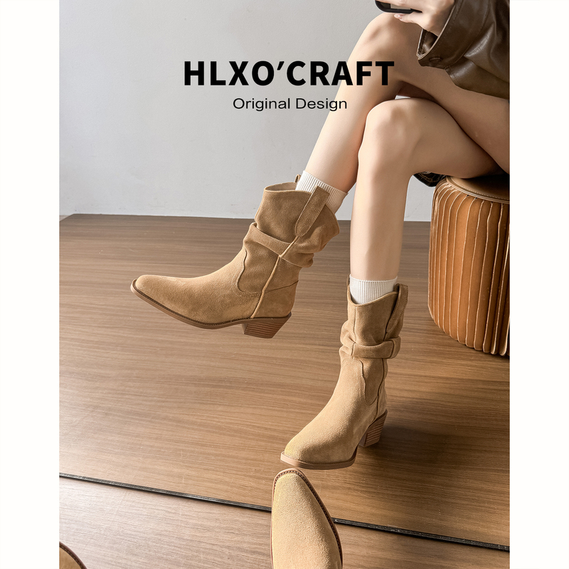 Zhao Lusi Style Mid-Calf Boots with Internal Height Increase, Chunky Heel Ankle Boots for Women, Pointed Toe Slimming Ruched Slouch Boots, Retro Martin Boots Zhao Lusi Style Mid-Calf Boots with Internal Height Increase, Chunky Heel Ankle Boots for Women, Pointed Toe Slimming Ruched Slouch Boots, Retro Martin Boots